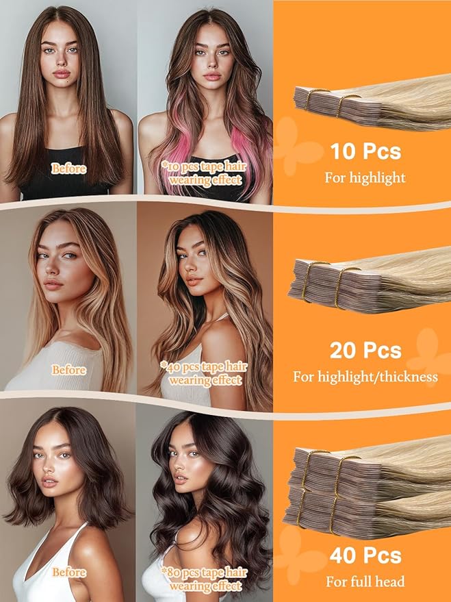 DOORES Tape in Human Hair Extensions, 20pcs 50g 14 Inch Drity Blonde Highlight Golden Blonde, Remy Human Hair, Straight, Tape-In Installation