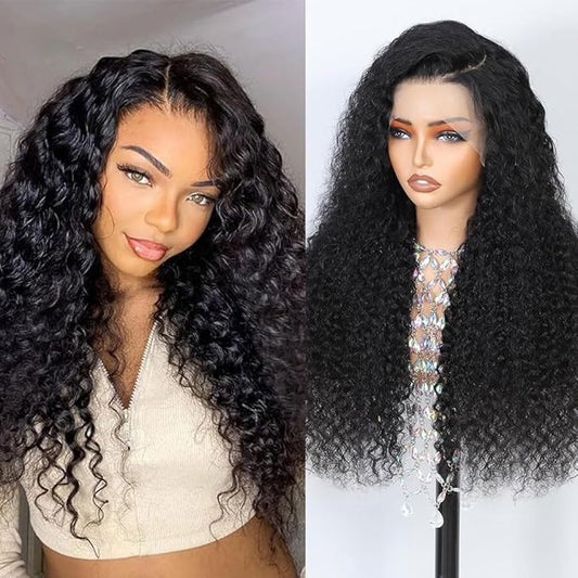 13x6 Deep Wave Lace Front Wigs Human Hair 22 Inch 200 Density HD Lace Frontal Glueless Wigs Human Hair Pre Plucked Deep Curly Wig with Baby Hair Natural Black