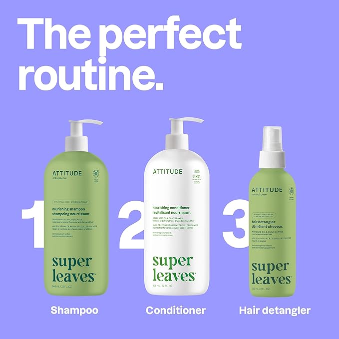 ATTITUDE Nourishing Hair Shampoo, EWG Verified, For Dry and Damaged Hair, Naturally Derived Ingredients, Vegan and Plant Based, Grapeseed Oil and Olive Leaves, 32 Fl Oz