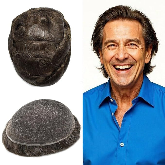 Toupee For Men Real Human Hair System Full Swiss Lace Mens Toupee Lace Hair Piece For Men Bleached Knots 8x10 120% Medium light density #310 3# DARK BROWN+10% GREY