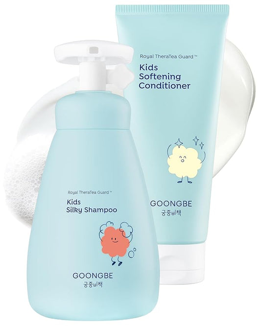 GOONGBE Korean Kids Silicone-Free Silky Shampoo & Conditioner for Weak Frizzy Hair - Glossy Shine & Tangle Prevention - Low pH - Allergen-Free, 10.1oz & 6.76oz