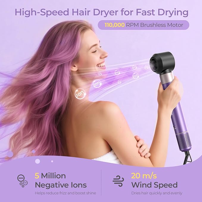 7 in 1 Blow Dryer Brush Set – Hot Air Styler for Fast Drying, Curling, Straightening & Volumizing – Ionic Hair Dryer Brush with 1500W Power – No Heat Damage for All Hair Types – Lilac