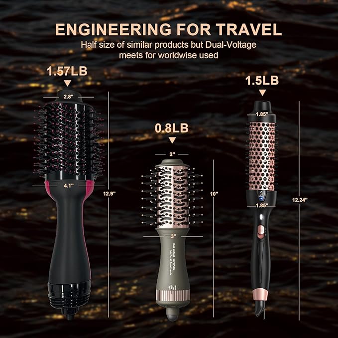 Travel Dual Voltage Blow Hair Dryer Brush 4-IN-1 Portable Mini Hot Air Dryer Straightener & Curler Brush, Titanium Round Blowout Styler Volumizer Tools, 110/240V US/EU/UK Plug for International Travel