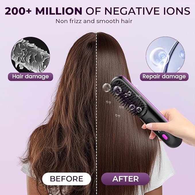 Go Brush Pro, 2026 Upgraded Cordless Hair Straightener Brush, Fast Heating Portable Hair Straightener Comb for Women Travel Essentials 3 Adjustable Temperature (Black)