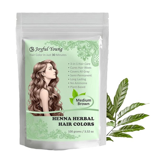 3IN1 Henna Hair Color - 30 Min Fast Herbal Hair Dye for Gray Coverage, Conditioning & Hair Treatment - No Ammonia, Semi-Permanent, Plant-Based (MEDIUM BROWN)