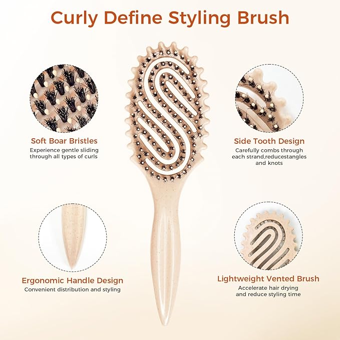 Curly Hair Brush, Curl Defining Brush with Soft Boar Bristles for Combing, Shaping, and Styling Curly Hair Suitable for All Women and Men with Wet & Dry Hair(Wheat)
