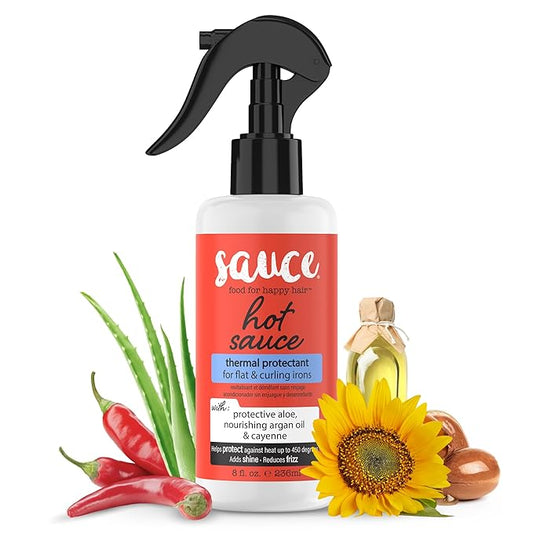 SAUCE BEAUTY Hair Heat Protectant Spray (8 Fl Oz) Hot Sauce Thermal Protectant Spray with Argan Oil, Aloe & Cayenne, Anti Frizz & Adds Shine, Blow Dry & Flat Iron Hair Spray for All Hair Types
