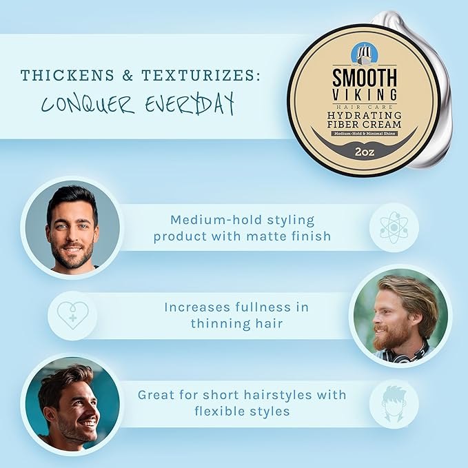 Smooth Viking Hydrating Fiber Cream for Men - Hair Cream for Men, Hair Gel for Men, Mens Hair Products, Mens Hair Paste, Styling Cream Men - Made in USA, 2oz