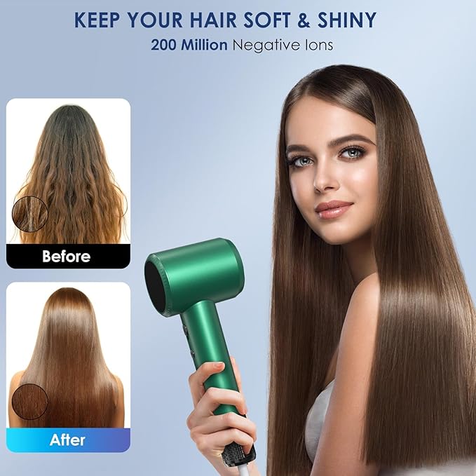 Professional Hair Dryer - 150000 RPM High-Speed, Negative Ionic for Fast Drying and Hair Care. Low Noise, 4 Temps/2 Speeds, Lightweight with Magnetic Nozzle. (Green)