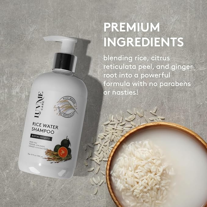 Luv Me Care Rice Water Hair Thickening Shampoo and Conditioner Set - with Biotin Strengthening and Volumizing Formula for Thinning Hair, All Hair Types, Men and Women