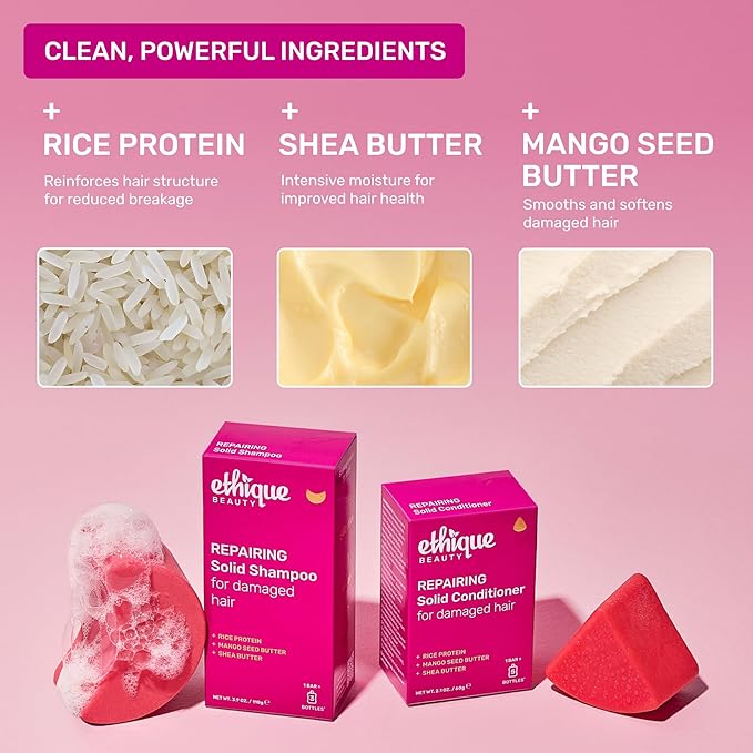 Ethique Beauty Rice Protein Repairing Shampoo & Conditioner Bar Set for Damaged Hair - Plastic-Free, Vegan, Cruelty-Free - 2 Pack