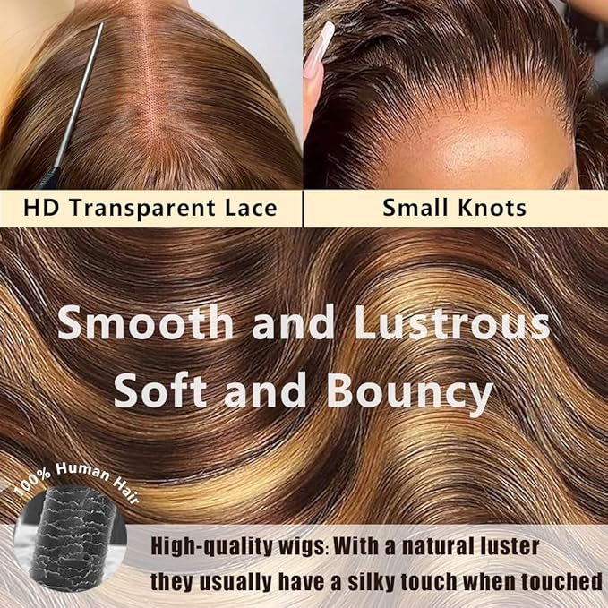 30 Inch Highlight Body Wave Lace Front Wigs Human Hair Honey Blond Ombre Wigs 220 Density Body Wave Wig Pre Plucked 13x6 Hd Lace Front Wigs Human Hair P4/27 Colored for Women