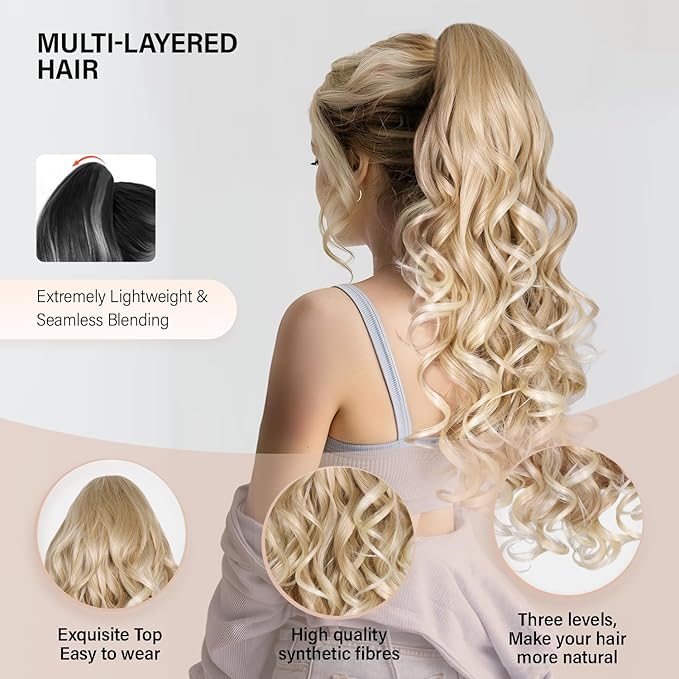 24 Inch Ponytail Extension, Clip on Ponytails for Women, Long Curly Wavy Ponytail Extensions for Women, Synthetic Layered Pony Tails Hair Extensions (Color:Medium Blonde with Bleach Blonde Ends)