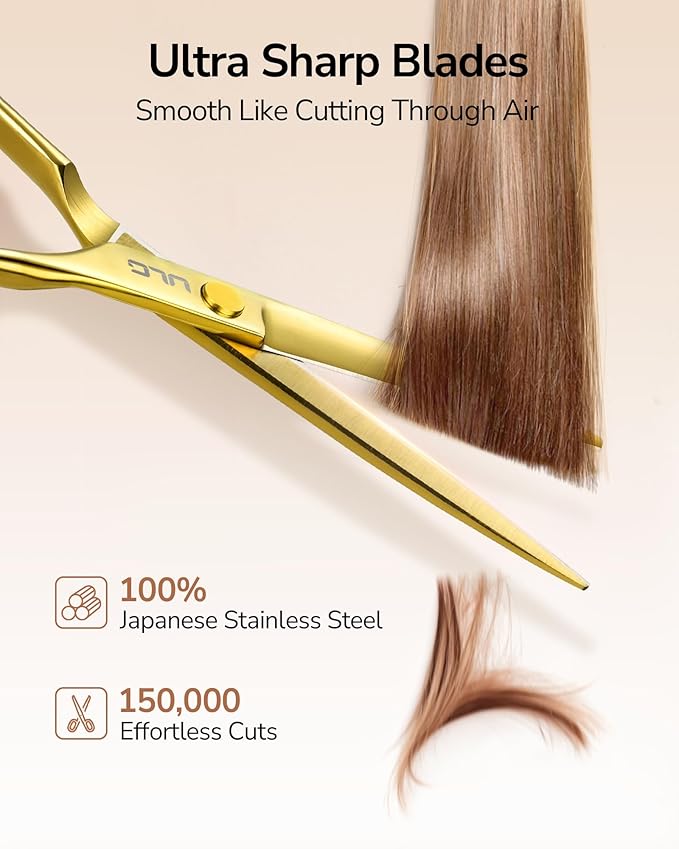 ULG Professional Hair Cutting Scissors 6.5 Inch – Sharp Barber Shears, Stainless Steel Symmetrical Salon Haircut Scissors for Women, Men, Kids, Gloss Paint Finish, Golden