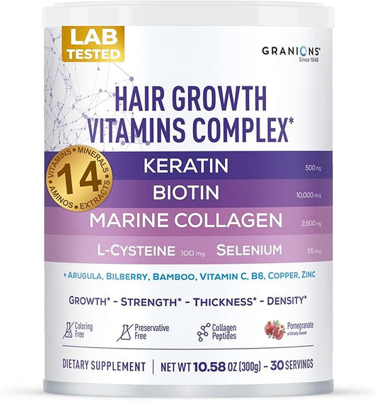 Granions Hair Supplements for Hair Growth Powder - Strength, Thickness, Density, Loss Support for Women and Men - Collagen Peptides, Biotin 10,000, Keratin, Aminos, B Vitamins, Zinc, Selenium - 10.5oz