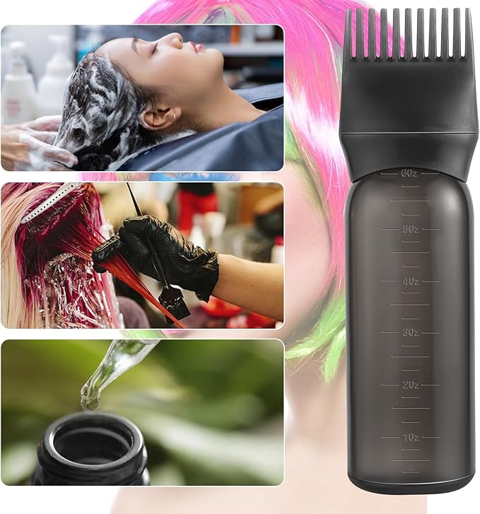 Pimoys 2 Pack Root Comb Applicator Bottle 6 Ounce Oil Applicator for Hair Dye, Black Hair Oiling Bottle Applicator Brush with Graduated Scale