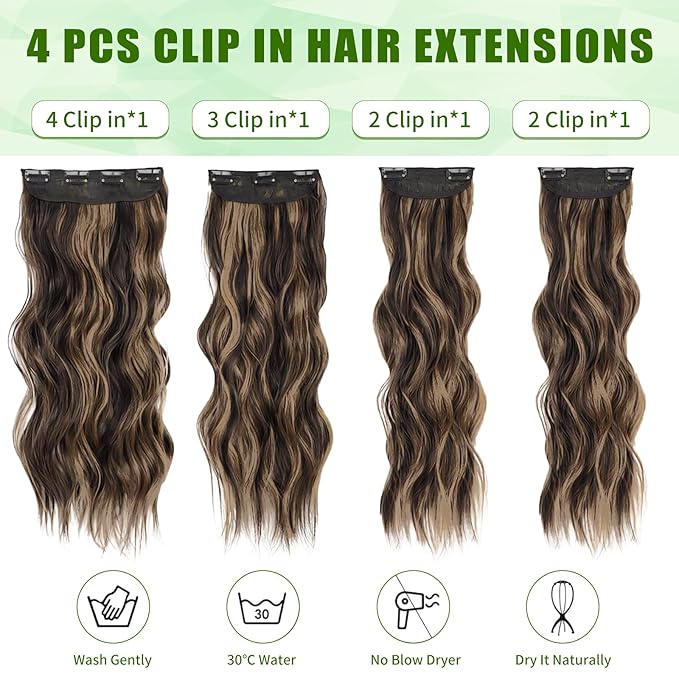 Vigorous Clip in Hair Extensions 4PCS Brown mix Blonde Long Wavy Hairpieces 24Inch Hair Extensions Clip Ins Soft Synthetic Hairpieces for Women