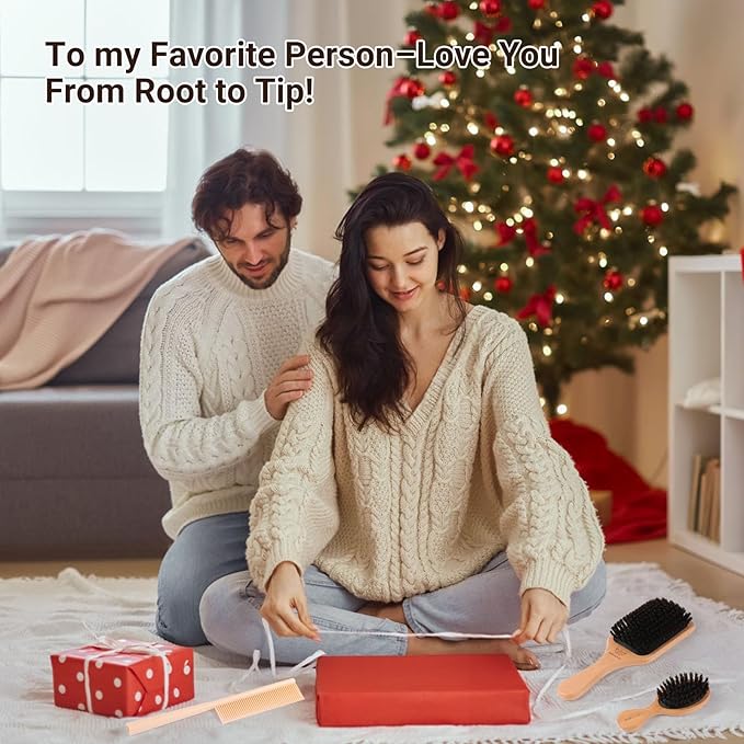 URTHEONE Pure Boar Bristle Hair Brush Set with Wide-Tooth Comb,Natural Beechwood Detangling Kit for Shine & Frizz Control,Gift for Women & Men