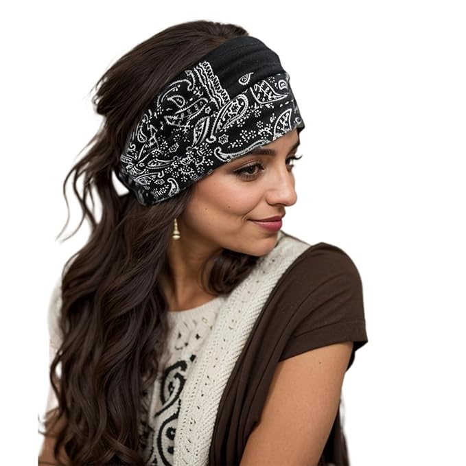 1 Pack Boho Headbands Stretch Paisley Print Bandana Headband Criss Cross Hair Bands Knotted Head Wrap Yoga Daily for Women and Girls (Black)