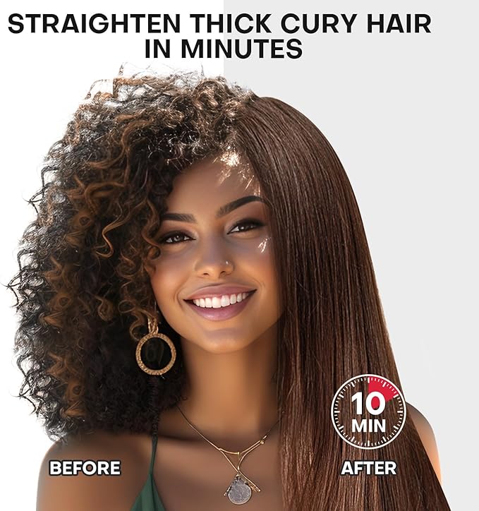 Hair Straightener Brush- Hair straighteners for Women, Ceramic Ionic Straightener Comb with Less Frizz | 20s Fast Heating | 2 in 1 Flat Iron Brush Dual Voltage Travel, Black