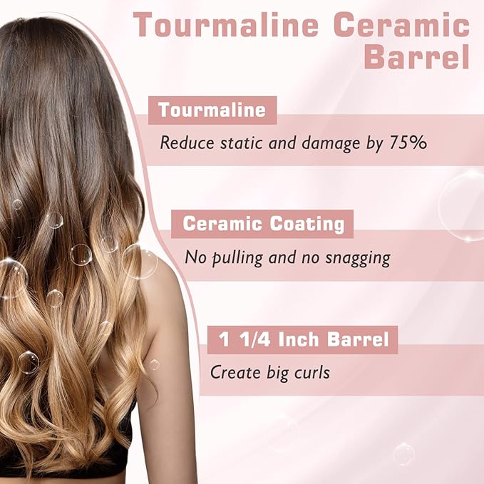 1 1/4 inch Curling Iron, Dual Voltage Hair Curling Iron Heat up to 450°F, Professiona Curling Wand Ceramic Tourmaline(Rose Gold)