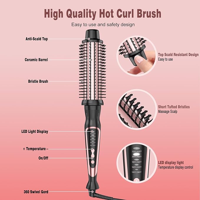 Thermal Brush, Heated Round Brush & Curling Iron with Ceramic Ionic Technology, Hair Tools for Volumizing & Styling, Travel-Friendly Hot Comb with Adjustable Temperature（Rose Gold 1.25 inch）