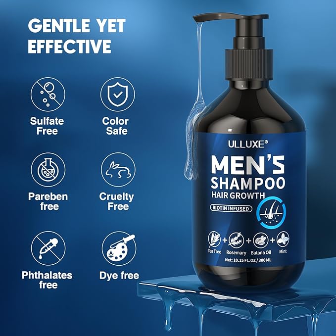 Biotin Hair Growth Shampoo for Men: Natural Mens Thickening Shampoo for Hair Loss and Thinning Hair, Infused Rosemary Oil Tea Tree Oil and Mint, Sulfate Free and Color Safe, 10.15 fl.oz