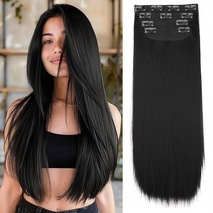 Vigorous Black Hair Extension Straight 22Inch Straight Clip in Hair Extensions 4PCS Natural Thick Synthetic Hairpieces for Women