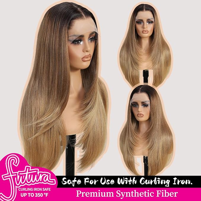13x4 Synthetic Lace Front Wigs Pre Plucked Honey Blonde with Black 26 Inch Long Layered Straight Wigs For Women 100% Futura Premium Fiber Ready to Wear Wig With Bangs Daily Party Use