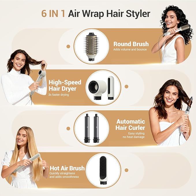 6 in 1 Air Wrap Hair Styler, 110,000 RPM Hair Dryer Brush with Auto-Wrap Curlers, Oval Brush & Volumizer, Hot Air Styler for Fast Drying,Curling, Smoothing & Volume, Air Styler with Travel Case