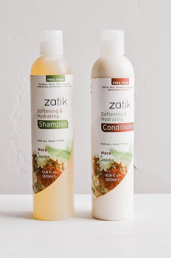 Zatik Naturals - Softening & Hydrating Shampoo + Conditioner Set - with Maca and Jojoba for all Hair, Vegan, Biodegradable, pH Balanced, Free From Sulfates, 10.8 fl oz (One of Each)
