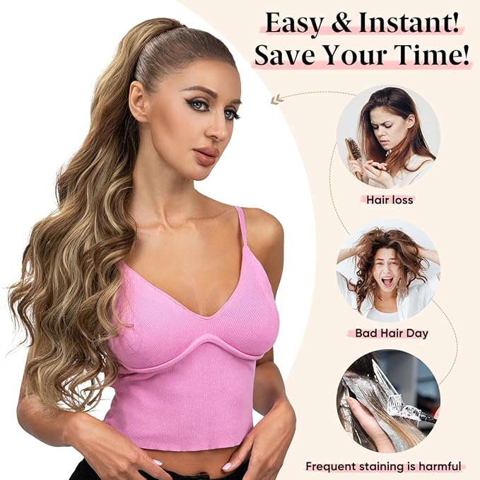 Wavy Drawstring Ponytail Extensions Icy Blonde Long 26 Inch Synthetic Fake Hairpiece for Women