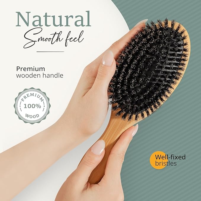 Belula 100% Boar Bristle Hair Brush Set (Medium). Soft Natural Bristles for Thin and Fine Hair. Restore Shine And Texture. Wooden Comb, Travel Bag and Spa Headband Included!