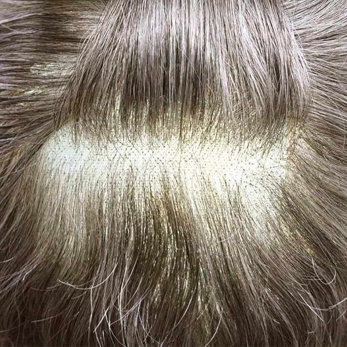 Toupee for Men Real Human Hair Swiss Lace Hairpiece for Men Hair Replacement System Poly Coated Mens Hairpieces Mens Hair System 6X8-80% Light Density 450# 4# MEDIUM BROWN+50% GREY