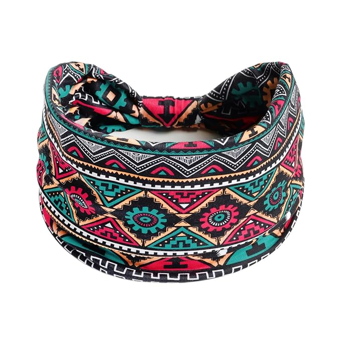 1 Pack Boho Headbands Stretch Paisley Print Bandana Headband Criss Cross Hair Bands Knotted Head Wrap Yoga Daily for Women and Girls (Teal Ethnic)