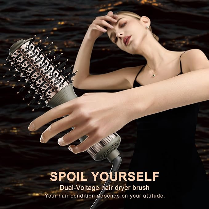 Travel Dual Voltage Blow Hair Dryer Brush 4-IN-1 Portable Mini Hot Air Dryer Straightener & Curler Brush, Titanium Round Blowout Styler Volumizer Tools, 110/240V US/EU/UK Plug for International Travel