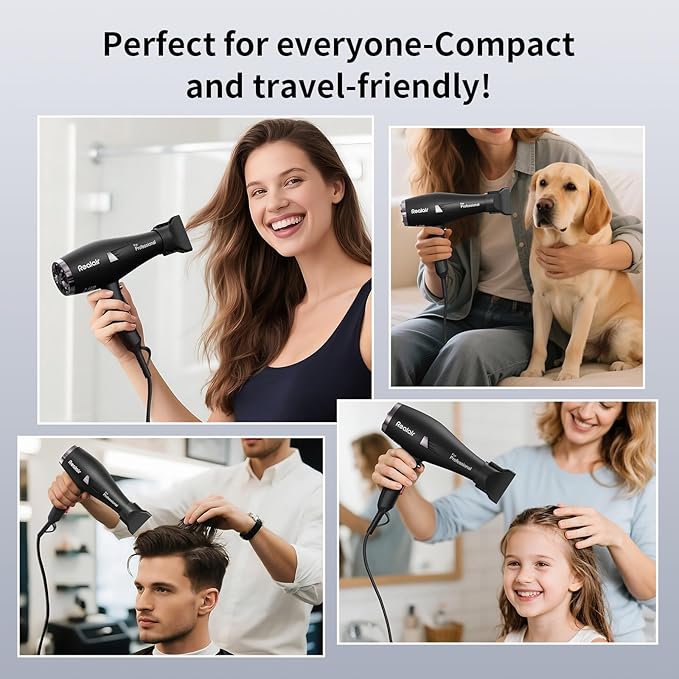 Professional 1875W Blow Dryer with Diffuser, Lightweight & Quiet Hair Dryer for Women and Men, Fast Drying with 3 Heat 2 Speed Settings, Travel Blow Dryer with Concentrator & Cold Shot (Black)