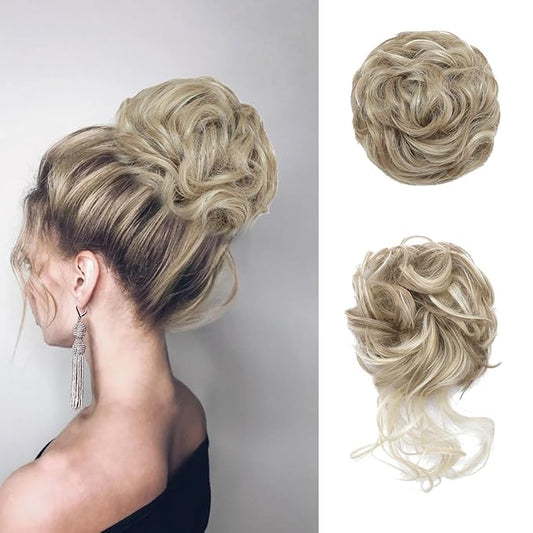 2 pcs Messy Bun Hair Piece Curly Bun Synthetic Hair Scrunchies Fake Chignon Updo Hairpieces for Women Hair Bun Scrunchie #16H613 Highlights Blonde
