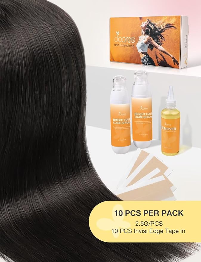 DOORES Seamless Human Hair Extensions Tape in Invisi Edge, Jet Black 10pcs Injection Tape-ins 25g 20 Inch, Natural Injected Tape in Extensions Virgin Human Hair Thick Ends