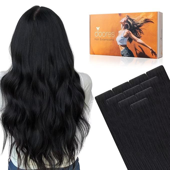 DOORES Seamless Human Hair Extensions Tape in Invisi Edge, Jet Black 10pcs Injection Tape-ins 25g 20 Inch, Natural Injected Tape in Extensions Virgin Human Hair Thick Ends