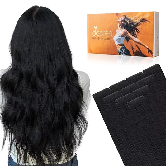 DOORES Seamless Human Hair Extensions Tape in Invisi Edge, Jet Black 10pcs Injection Tape-ins 25g 20 Inch, Natural Injected Tape in Extensions Virgin Human Hair Thick Ends