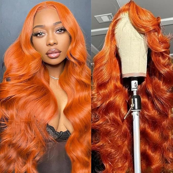 32 Inch Ginger Wig Human Hair Body Wave Ginger Orange 13X6 Lace Front Wigs Human Hair Pre Plucked 180 Density 350# Colored Glueless 13X6 HD Lace Frontal Wig Human Hair for Women