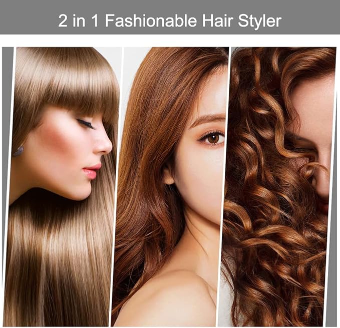 2-in-1 Electric Hair Straightener and Curling Iron with Ceramic Plates, Portable Anti-Scald Design for Wigs, Beards, and Travel