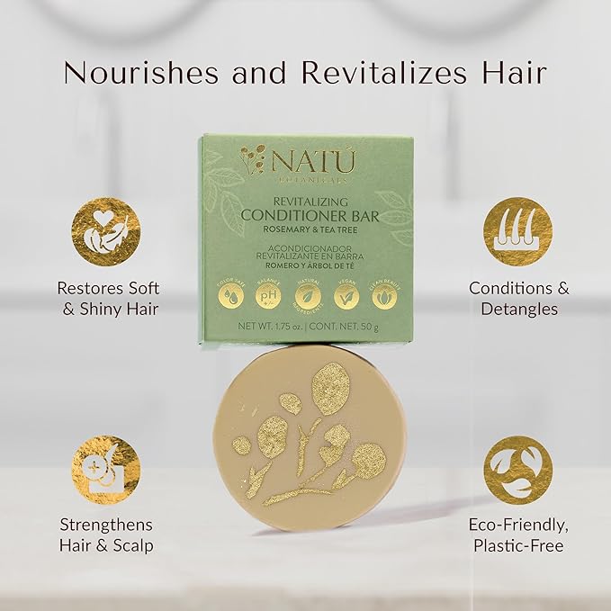 NATÚ BOTANICALS Revitalizing Hair Conditioner Bar – Rosemary & Tea Tree - Hydrating Conditioner for Dry & Frizzy Hair - Deeply Nourishes & Detangles - Supports Healthy Hair Growth - Zero-Waste