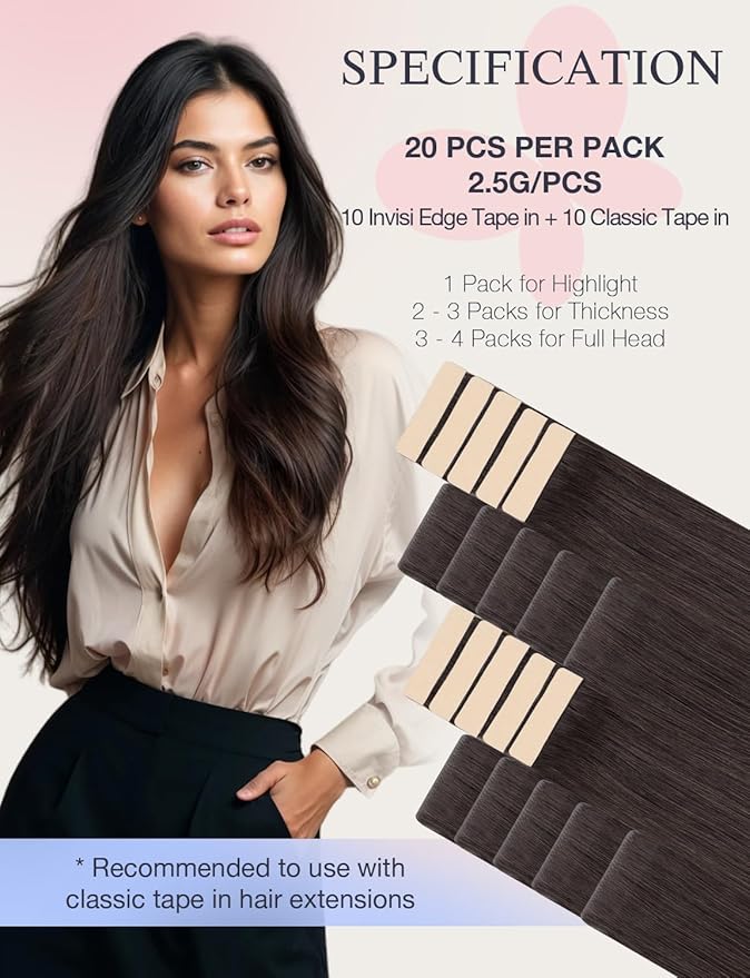DOORES Seamless Human Hair Tape in Extensions Invisi Edge, Dark Brown 10 Injection Tape-ins with 10 Classic Tape-ins 50g 16 Inch, Injection Tape in Extensions Virgin Human Hair