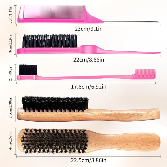 Boar Bristle Slick Back Hair Brush for Smooth Flyaways, Frizz, Sleek Ponytail, Buns and Edge Baby Hair, Teasing | Hair Comb, Edge Brush, Teasing Brush Styling Accessories for Girls, Kids, Women & Men