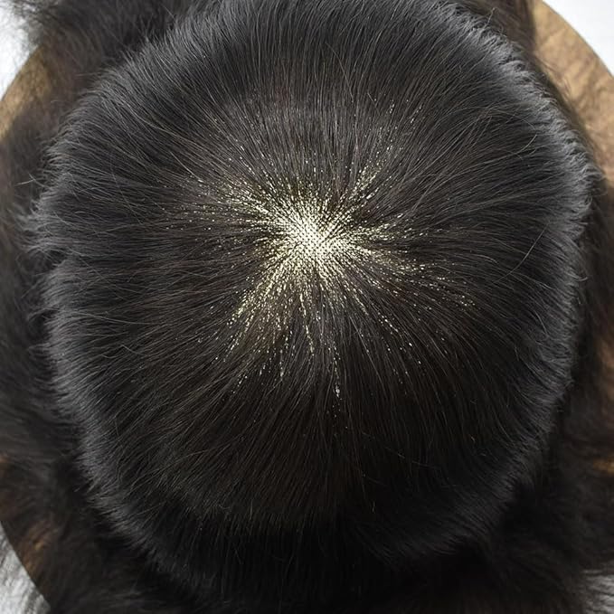 Mens Toupee Human Hair System for Men Durable Fine Mono Lace Men Replacement PU Poly Skin Around Light to Medium Density Wig Hairpiece (7"X10", 1B10 Off Black with 10% gray hair)