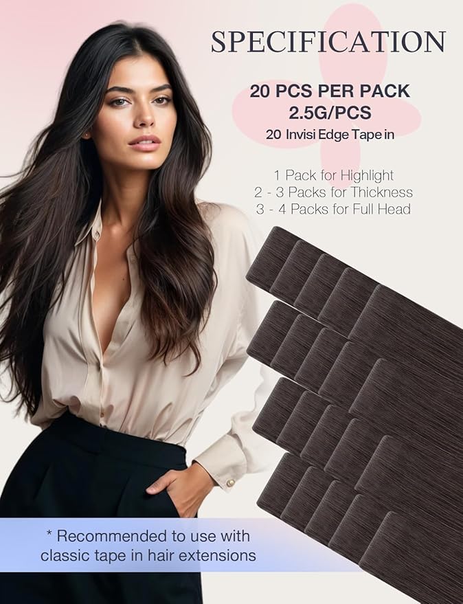 DOORES Seamless Tape in Hair Extensions Human Hair Invisi Edge, Dark Brown 10 Injection Tape-ins with 10 Injection Tape-ins 50g 24 Inch, Invisible Tape in Extensions Straight