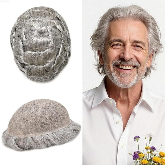 Toupee For Men Real Human Hair System Full Swiss Lace Mens Toupee Lace Hair Piece For Men Hair System Bleached Knots 7x9-90% light density#1B90 1B# OFF BLACK+90% GREY