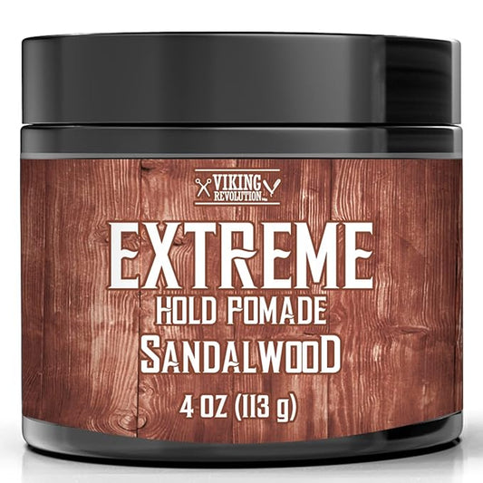 Viking Revolution Sandalwood Hair Pomade for Men - Extreme Hold Water-Based Hair Gel - Extra Firm Strong Hold With High Shine - Mens Pomade (4oz)